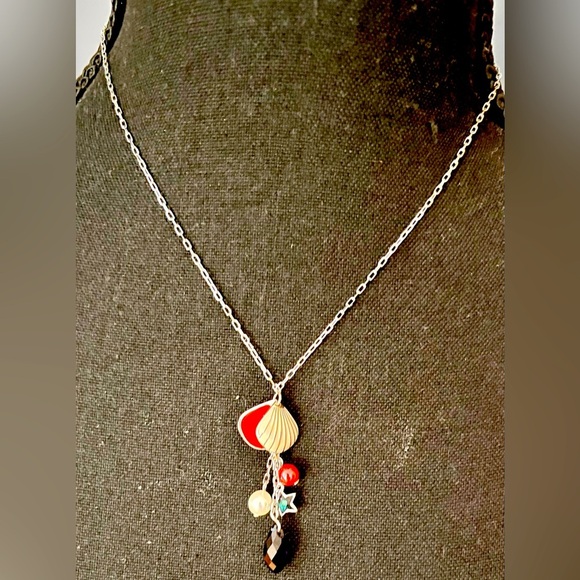 Swarovski Red White Blue Seashell Crystal Necklace Silver Chain Nautical Patriot - Picture 3 of 14